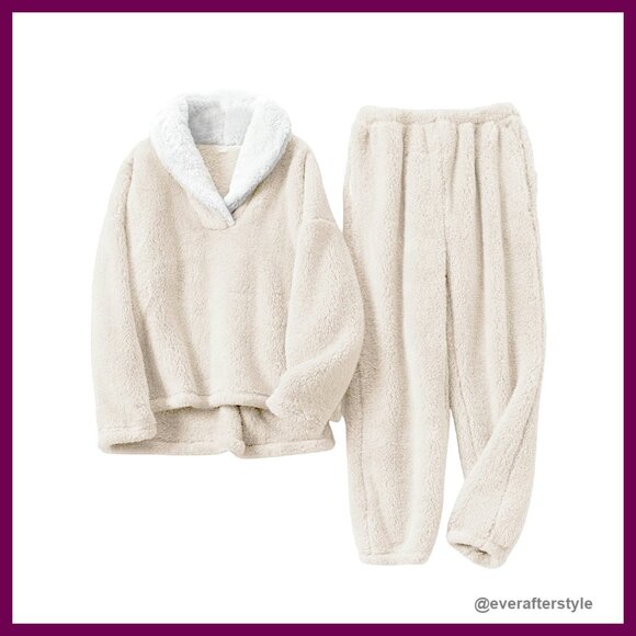Sherpa Fleece Pajama Set Cozy Oversized Lounge Sleepwear Lapel Collar Pockets
